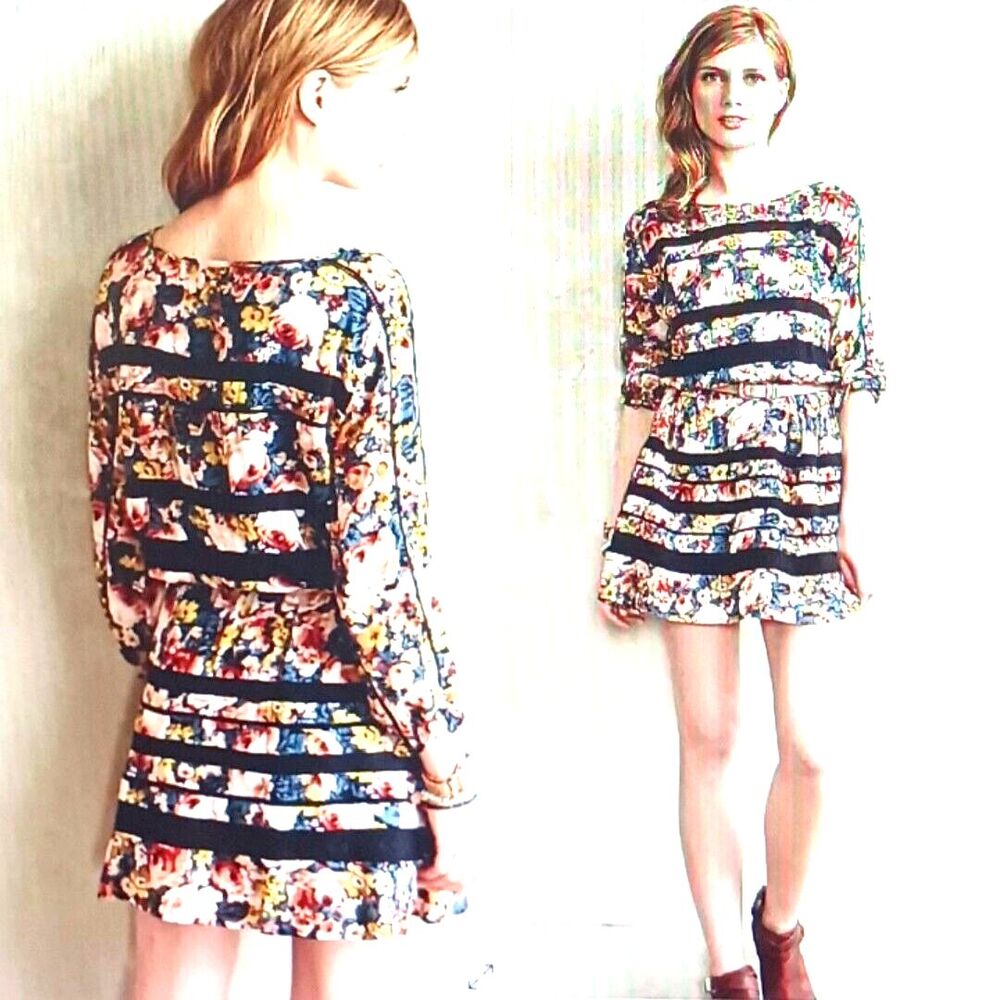 Anthropologie Holding Horses Garden Lace Floral Print Short Dress XS Blk Lace